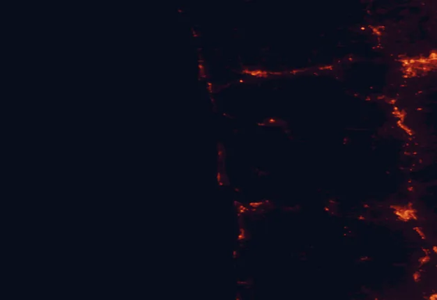 Satellite night-light map of the 100 km around Pacific Pines State Park, with Olympia, Lacey and Longview marked
