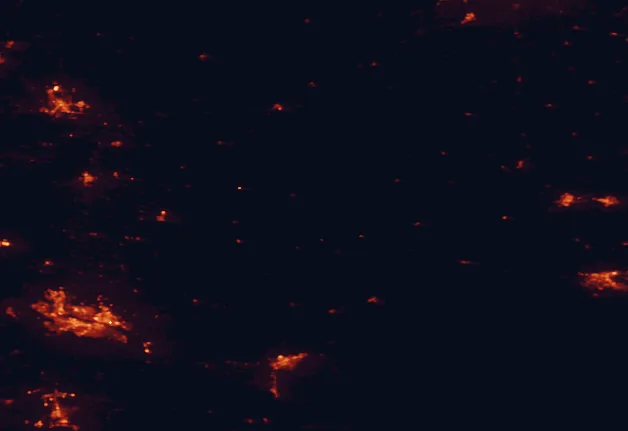 Satellite night-light map of the 100 km around Palouse Falls State Park, with Kennewick, Pasco and Richland marked
