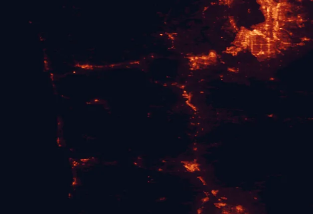 Satellite night-light map of the 100 km around Rainbow Falls State Park, with Tacoma, Kent and Federal Way marked