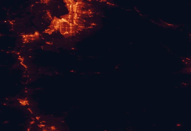Satellite night-light map of the 100 km around Rainier National Forest, with Tacoma, Kent and Federal Way marked