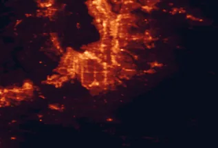 Satellite night-light map of the 50 km around South Hill, with Tacoma, Kent and Federal Way marked
