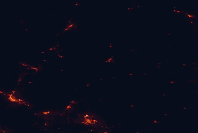 Satellite night-light map of the 100 km around Steamboat Rock State Park, with Wenatchee, Moses Lake and East Wenatchee marked
