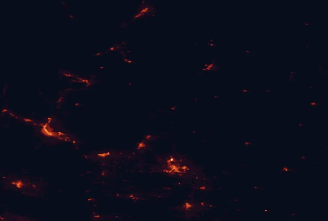 Satellite night-light map of the 100 km around Sun Lakes-Dry Falls State Park, with Wenatchee, Moses Lake and Ephrata marked