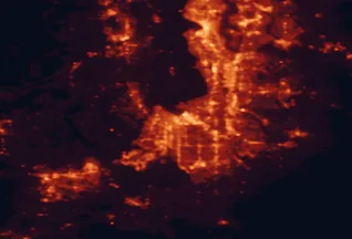 Satellite night-light map of the 50 km around Tacoma, with Seattle, Federal Way and Kent marked