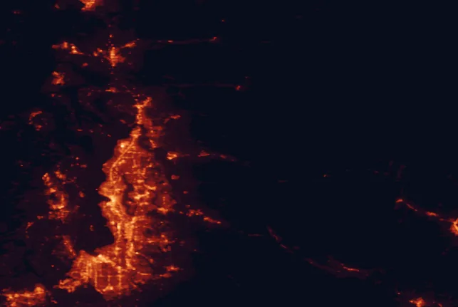 Satellite night-light map of the 100 km around Wallace Falls State Park, with Seattle, Tacoma and Bellevue marked