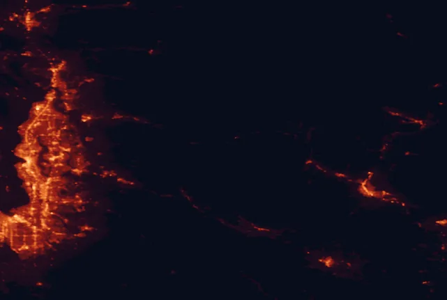 Satellite night-light map of the 100 km around Washington National Forest, with Seattle, Bellevue and Kent marked