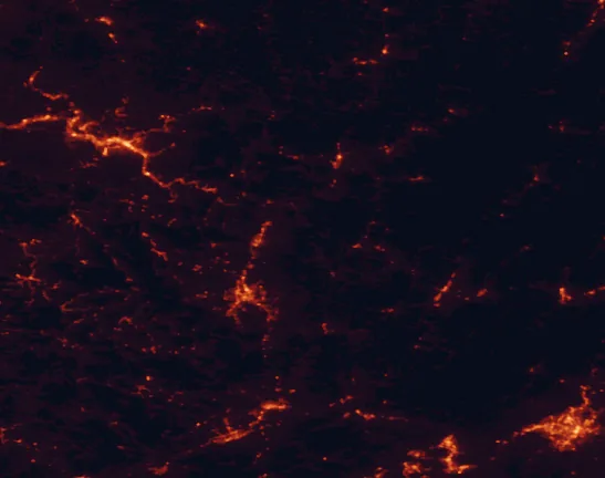 Satellite night-light map of the 100 km around Babcock State Park, with Roanoke, Charleston and Blacksburg marked