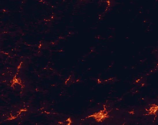 Satellite night-light map of the 100 km around Beartown State Park, with Roanoke, Blacksburg and Salem marked
