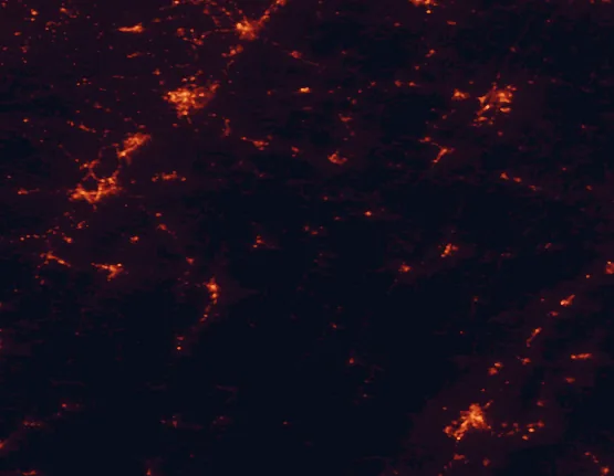 Satellite night-light map of the 100 km around Blackwater Falls, with Harrisonburg, Morgantown and Fairmont marked