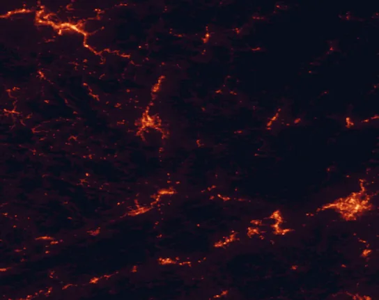 Satellite night-light map of the 100 km around Bluestone State Park, with Roanoke, Blacksburg and Charleston marked