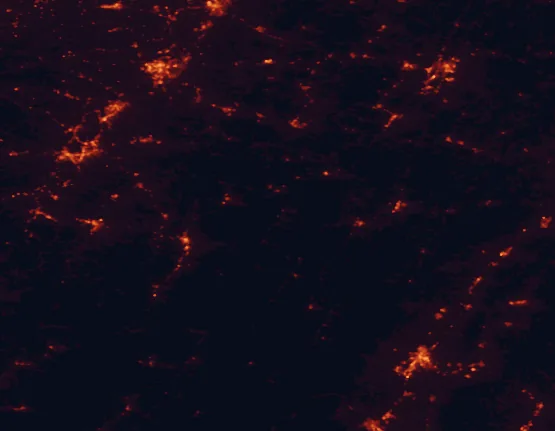 Satellite night-light map of the 100 km around Canaan Valley Resort State Park, with Harrisonburg, Morgantown and Fairmont marked