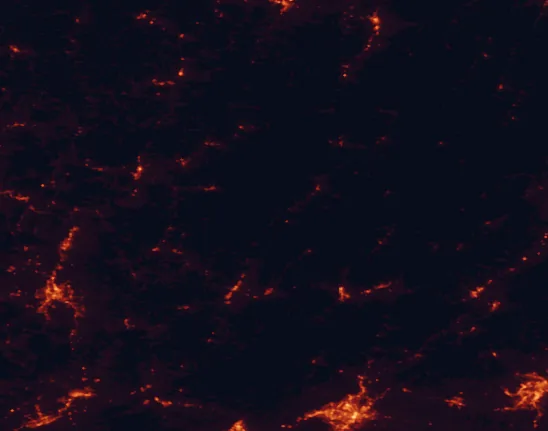 Satellite night-light map of the 100 km around Droop Mountain Battlefield State Park, with Roanoke, Salem and Beckley marked