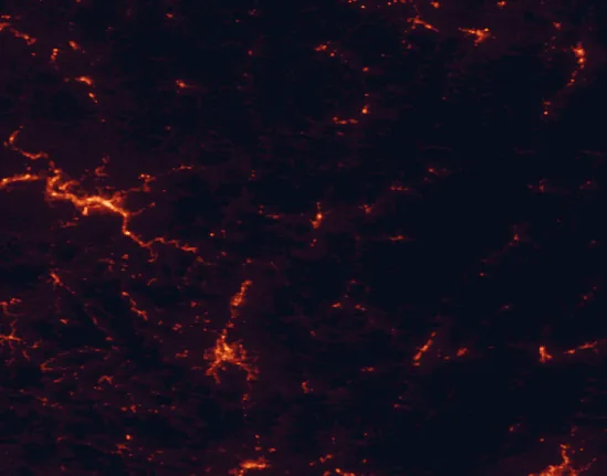 Satellite night-light map of the 100 km around Gauley River National Recreation Area, with Charleston, Beckley and Oak Hill marked