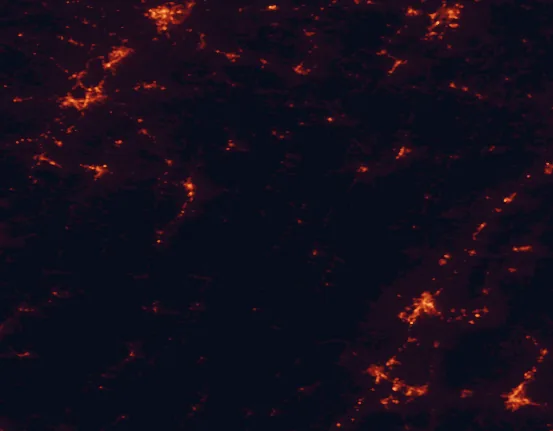 Satellite night-light map of the 100 km around Spruce Knob-Seneca Rocks National Recreation Area, with Harrisonburg, Charlottesville and Morgantown marked