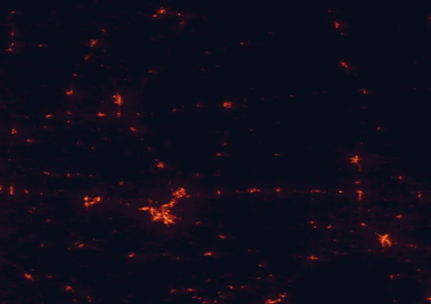 Satellite night-light map of the 100 km around Brunet Island State Park, with Eau Claire, Chippewa Falls and Menomonie marked