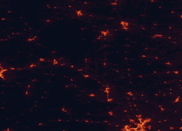 Satellite night-light map of the 100 km around Buckhorn State Park, with Stevens Point, Sun Prairie and Wisconsin Rapids marked