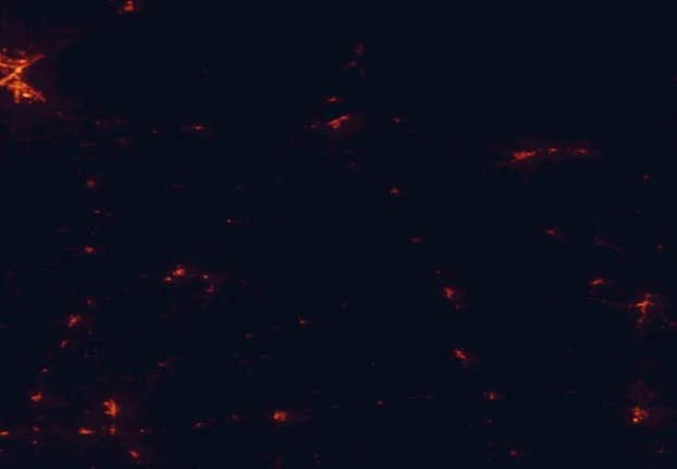 Satellite night-light map of the 100 km around Chequamegon-Nicolet National Forest, with Superior, Ashland and Rice Lake marked