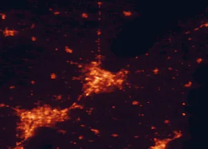 Satellite night-light map of the 50 km around Green Bay, with Appleton, De Pere and Howard marked