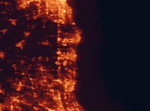 Satellite night-light map of the 50 km around Kenosha, with Racine, Waukegan and Mount Pleasant marked