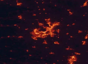 Satellite night-light map of the 50 km around Madison, with Fitchburg, Sun Prairie and Janesville marked