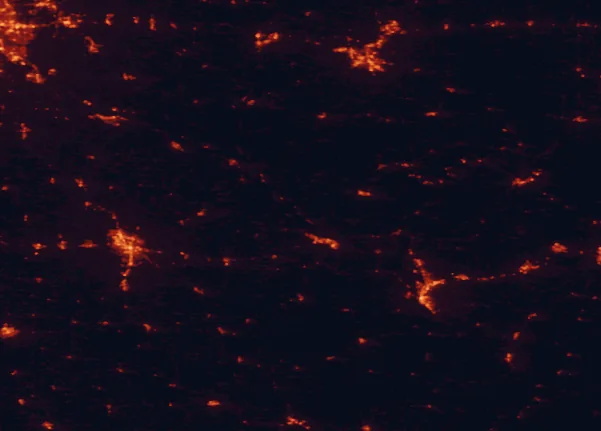 Satellite night-light map of the 100 km around Merrick State Park, with Rochester, Winona and Eau Claire marked