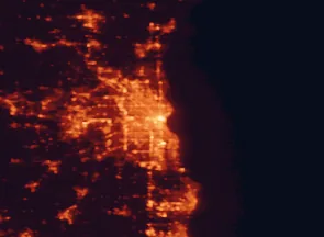 Satellite night-light map of the 50 km around Milwaukee, with West Allis, Wauwatosa and Waukesha marked
