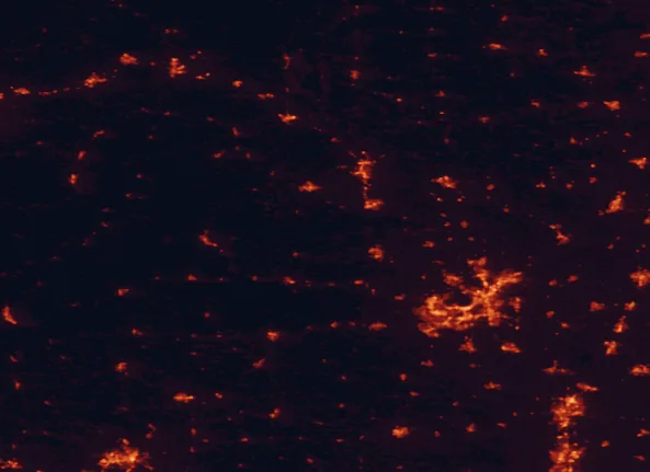 Satellite night-light map of the 100 km around Natural Bridge State Park, with Madison, Janesville and Dubuque marked