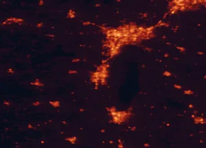Satellite night-light map of the 50 km around Oshkosh, with Appleton, Fond du Lac and Neenah marked