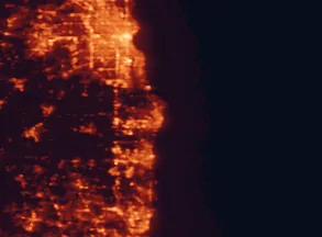 Satellite night-light map of the 50 km around Racine, with Milwaukee, Kenosha and Waukegan marked