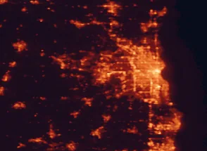 Satellite night-light map of the 50 km around Waukesha, with Milwaukee, West Allis and New Berlin marked