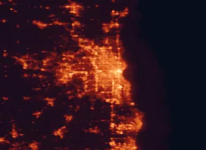 Satellite night-light map of the 50 km around West Allis, with Milwaukee, Waukesha and Greenfield marked