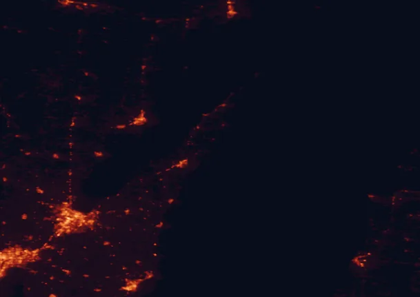 Satellite night-light map of the 100 km around Whitefish Dunes State Park, with Green Bay, Manitowoc and Sturgeon Bay marked