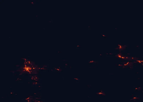 Satellite night-light map of the 100 km around Devils Tower National Monument, with Gillette and Spearfish marked