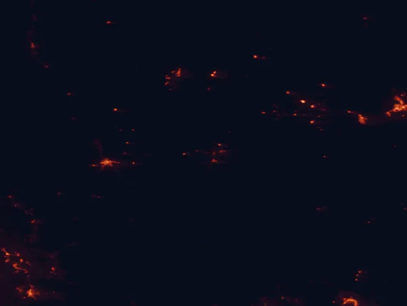 Satellite night-light map of the 100 km around Fort Bridger, with Evanston, Green River and Heber City marked