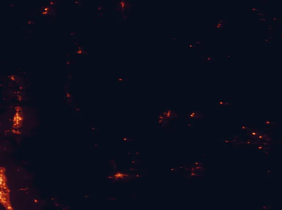 Satellite night-light map of the 100 km around Fossil Butte National Monument, with Logan, Evanston and Smithfield marked